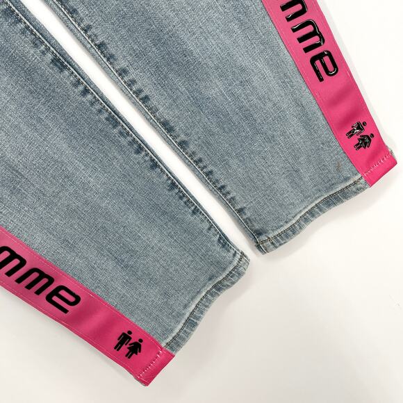 Homme + Femme NEW Tesla Skinny Blue Jeans Sz 40 Green Pink Gradient Logo Ribbon - Picture 4 of 10